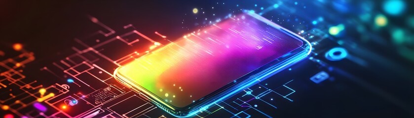 Poster - Futuristic Smartphone with Neon Lights and Abstract Lines
