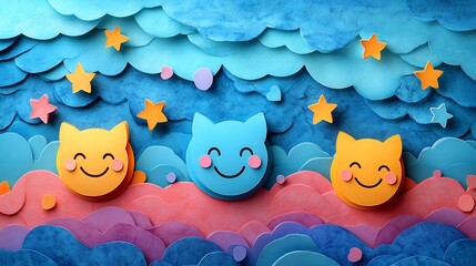 Poster - Whimsical paper cut composition of smiling faces feedback stars celebrating child wellness and World Mental Health Day designed for an uplifting and engaging web header