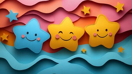 Poster - Whimsical paper cut composition of smiling faces feedback stars celebrating child wellness and World Mental Health Day designed for an uplifting and engaging web header