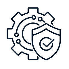 Poster - Gear, microcircuit, shield, ok sign. Cybersecurity concept, electronics protection. Vector linear icon isolated on white background.