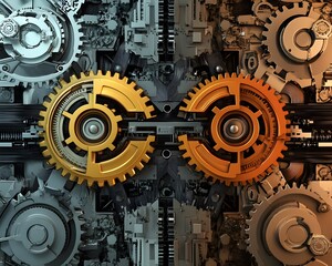 Poster - Gold Cogwheels Mechanical Gear System   3D Rendering