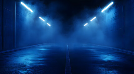 Wall Mural - A dark empty street, dark blue background, an empty dark scene, neon light, spotlights The asphalt floor and studio room with smoke float up the interior texture. night view , ai