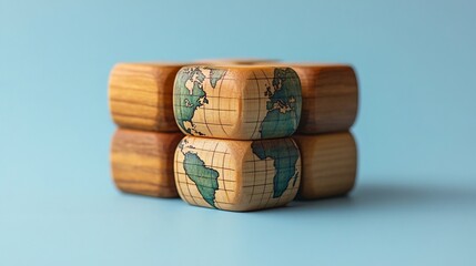 Poster - Wooden cubes world globe symbols aligned on a serene blue background representing World Health Day emphasizing global health concepts with a clean and modern design approach
