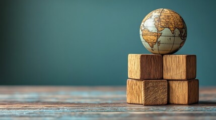 Poster - Wooden cubes world globe symbols aligned on a serene blue background representing World Health Day emphasizing global health concepts with a clean and modern design approach