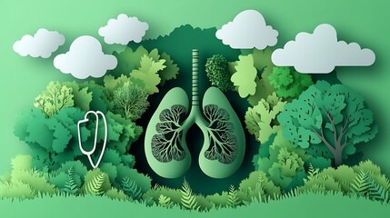 Poster - World Health Day theme a paper cutout style showing lungs with green trees as bronchi floating clouds and a stethoscope Minimalist design with space for text on the left side