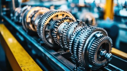 Poster - Close-up of Interlocking Metal Gears on a Conveyor Belt
