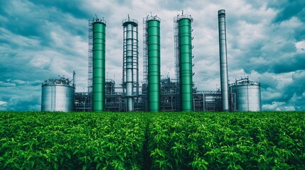 Modern industrial landscape a glimpse into eco-friendly manufacturing surrounded by lush green fields under dramatic skies