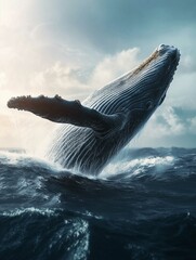 A giant whale breaching in the open ocean, water cascading down its body
