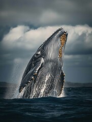 A giant whale breaching in the open ocean, water cascading down its body
