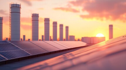 Capturing the harmony of renewable energy solar panels against a vibrant sunset in an industrial landscape