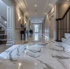 Wall Mural - A minimalist hallway with white walls and ceiling, a single neoclassical accent in the form of elegant molding on the wall. The marble floor, with bold dark veining, is divided from the walls 