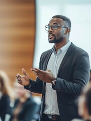 Black business man speaking at a workshop with colleagues in a conference setting
