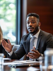 Black business man speaking at a workshop with colleagues in a conference setting
