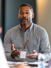 Black business man speaking at a workshop with colleagues in a conference setting
