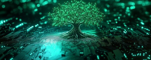 Poster - Glowing digital tree on circuit board, futuristic technology concept