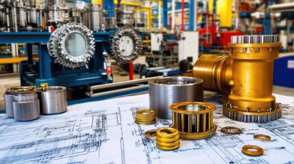 Poster - Metal Machine Parts and Blueprint in Factory Setting