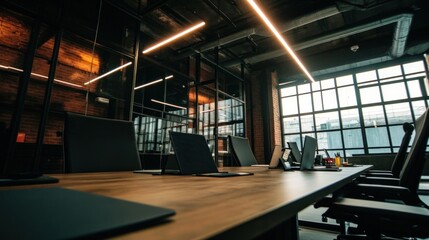 Poster - Modern Office Interior with Wood Desk and Windows