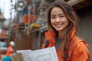 Smiling female engineer holding architectural blueprints at an outdoor construction site.