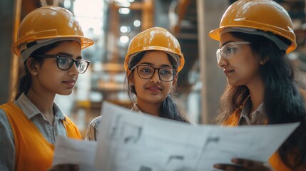 Female engineering team reviewing technical drawings at a busy industrial construction site.