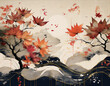 © 100ME - 紅葉の葉が風に乗って舞い上がり、赤、黄、橙の色彩が絶えず変化しながら浮かび上がる描写が幾何学模様と融合する抽象的な図形譜