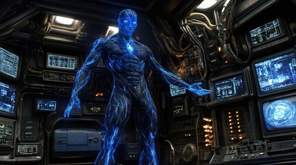 Poster - A Blue-Veined Figure Stands in a Futuristic Control Room