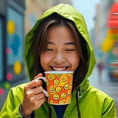 Happy young Asian girl in green raincoat with hood on her head, drinking coffee a funny from coffee mug.