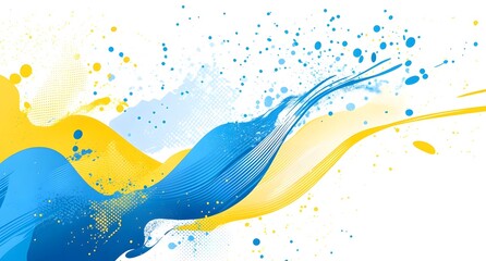 Poster - background design with yellow and blue abstract shapes, on a white background, with a splash effect 