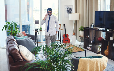 Poster - After work, phone call and smile of businessman in home living room for communication or networking. Conversation, discussion and walking with happy employee person in apartment for planning