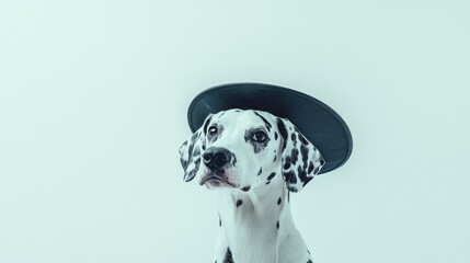 A Dalmatian dog wearing a black hat, looking to the left on a white background.