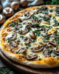 mushroom pizza on dark background. health-conscious alternative with sustainable, environmentally friendly ingredients.