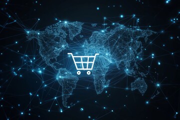 E-Commerce Connection: A Shopping Cart Icon Set Against a Digital, Tech-Driven Background