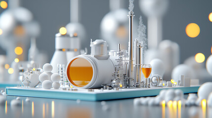 A detailed representation of an industrial facility with tanks and structures, against a softly blurred background.