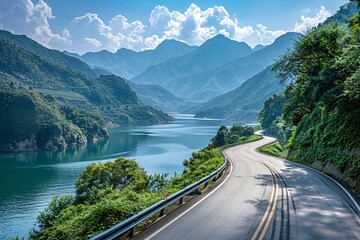 Scenic Lakeside Road: Perfect Background for a Car Advertisement.