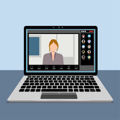 Poster - Laptop with a real-time video meeting application. Ongoing meeting with presentation and team members. Simplified flat style. Vector Illustration
