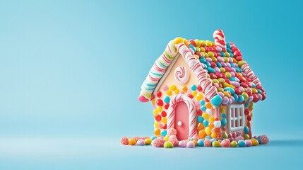 Colorful candy-coated gingerbread house on blue background