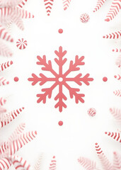 Poster - Pink snowflake decorates a simple white postcard with festive elements and stripes for a merry Christmas and happy new year holiday card design.