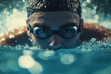 Pro male swimmer in action inside swimming pool, Generative AI