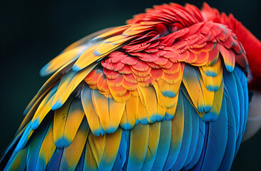 Close-up of colorful parrot feathers, vibrant reds and yellows with blue green highlights, exotic texture background