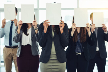 Poster - Business people, message and board with face cover, opportunity and communication in modern office. Employees, group and coworkers with white paper, decision and choice with feedback and protest