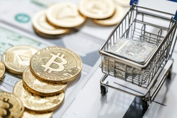 Poster - Online shopping banner featuring cryptocurrency integration with Bitcoin and Ethereum visuals on solid white background,