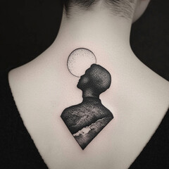 Wall Mural - monochrome tattoo on woman's back, visually depicting prioritizing oneself