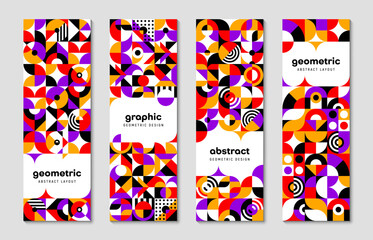 Aufkleber - Abstract modern geometric banners with minimal shapes and elements. Vector vertical backgrounds, cards or cover templates with geometry pattern, retro minimal graphic forms, lines and vibrant colors