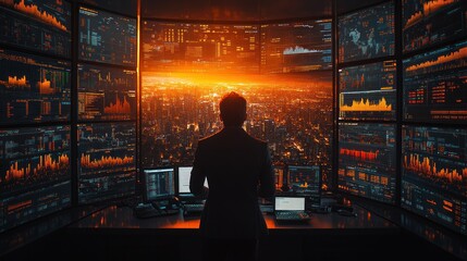 A lone figure in front of a wall of screens monitoring the city
