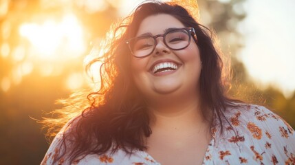 Overweight woman smiling, capturing moments of joy and self-assurance, often featured in lifestyle and wellness content