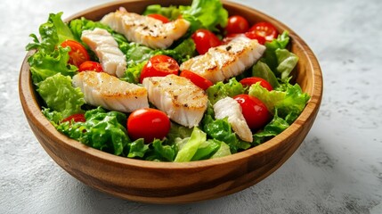 Wall Mural - A close-up of a wooden bowl filled with a healthy salad with grilled fish, cherry tomatoes, and lettuce.