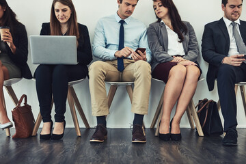 Poster - Phone, share or business people in line for hiring, recruitment or job interview at human resources. Socialising, talking or candidates in office for opportunity, appointment or employment selection