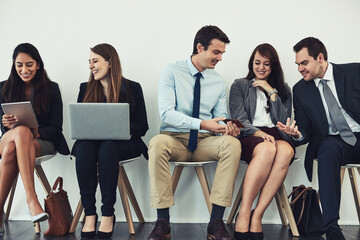 Poster - Phone, chat or business people in line for job interview, recruitment or hiring at human resources. Socialising, talking or candidates in office for opportunity, appointment or employment selection