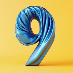 3D number 9 with Inflate, puffy shapes made of saturated blue soft detailed leather, folds and wrinkles on material realistic modern design, soft lighting, yellow background