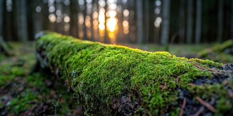 Poster - Lush Green Moss on Fallen Log in Forest at Sunset