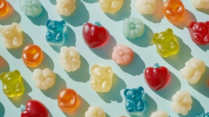 Wall Mural - A colorful and playful pattern of gummy candies in various shapes, including hearts, bears, and flowers, arranged on a blue background with sunlight.